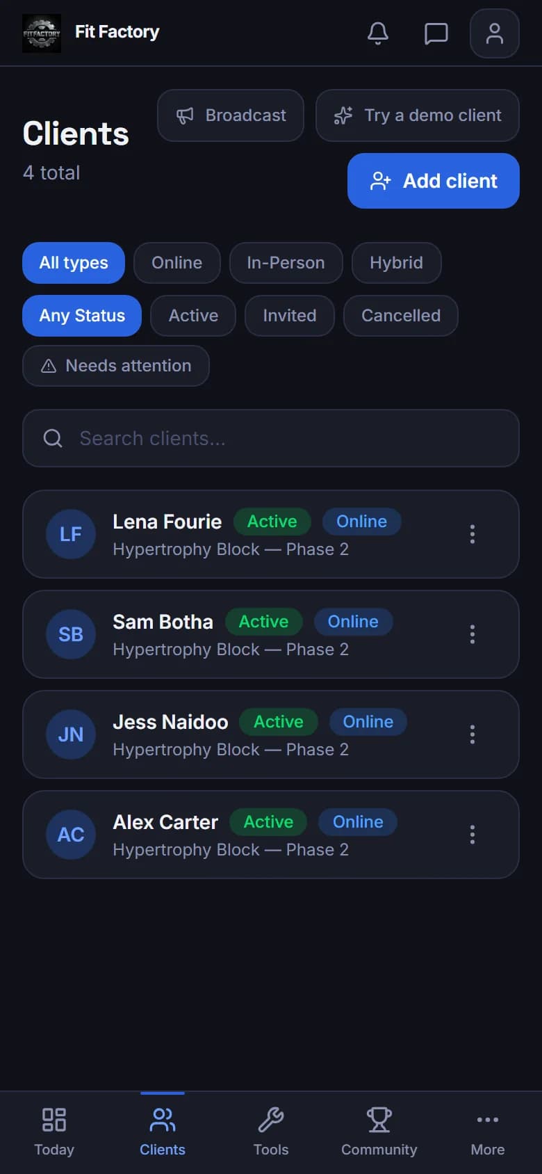 Fit Factory coach client roster