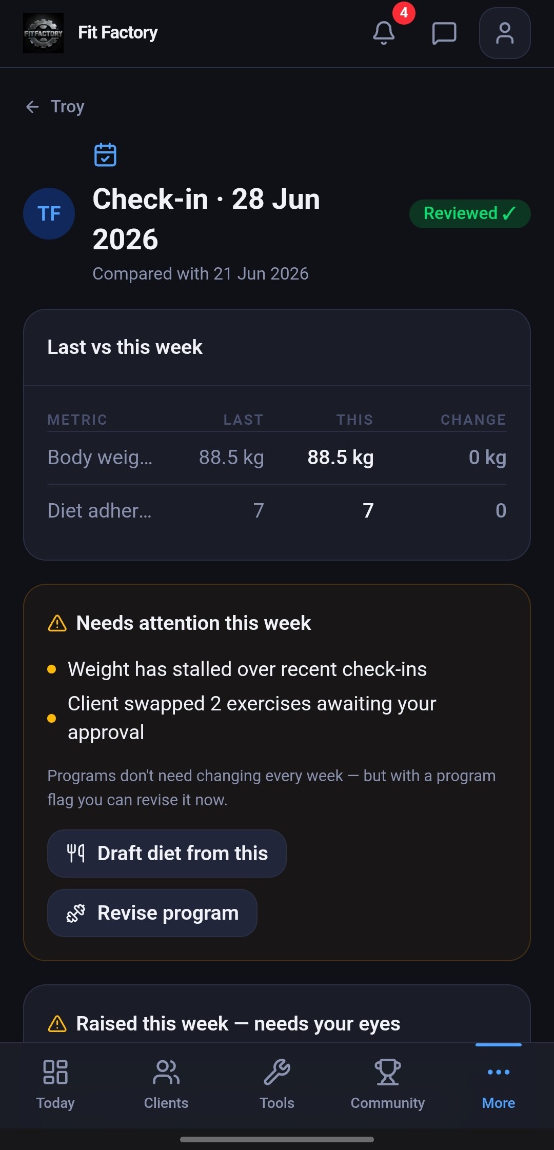 Weekly check-in review with draft actions