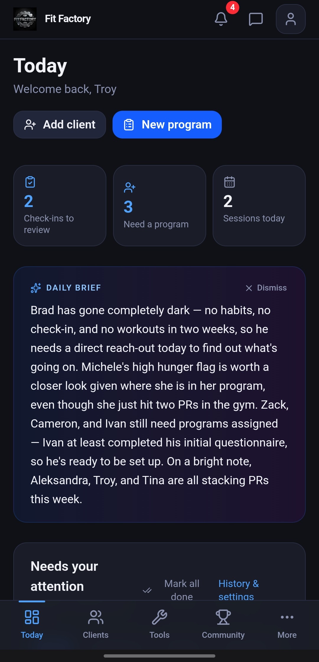 Coach dashboard with AI daily brief