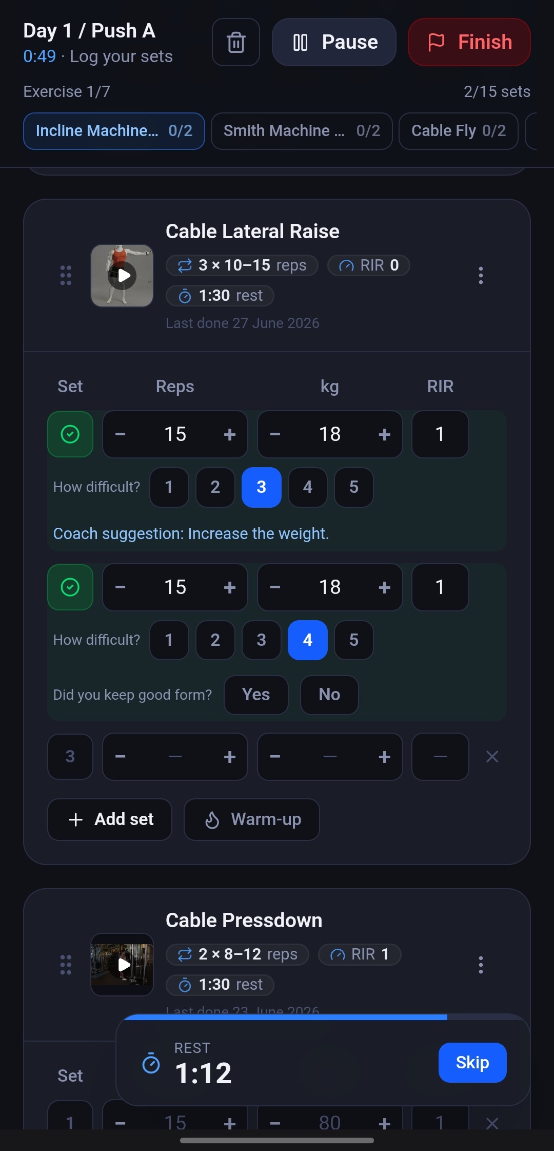Logging a workout live, set by set